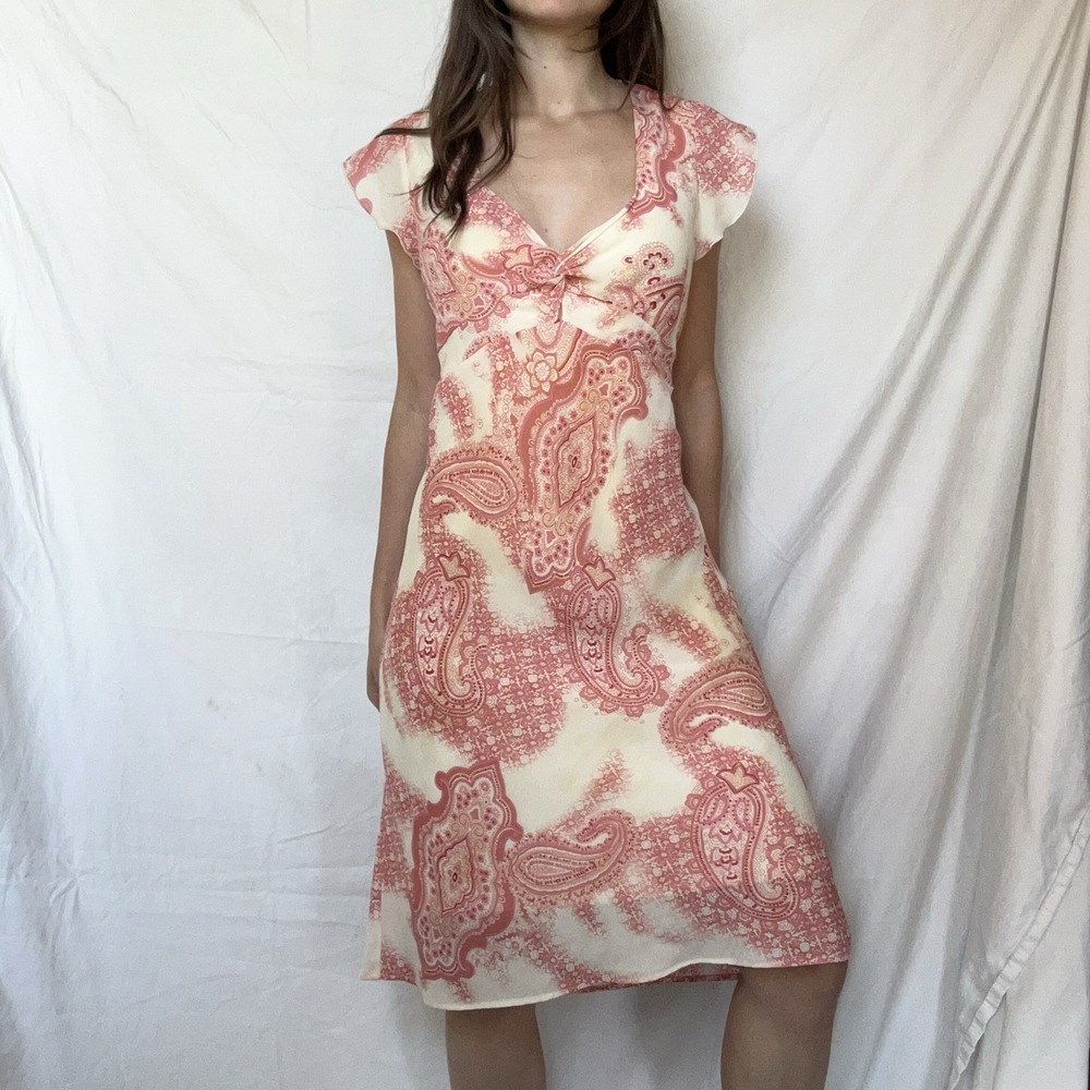 2000s Paisley Pink Orange Floral Ruffle Midi Dress Y2K Coquette Feminine Ditsy